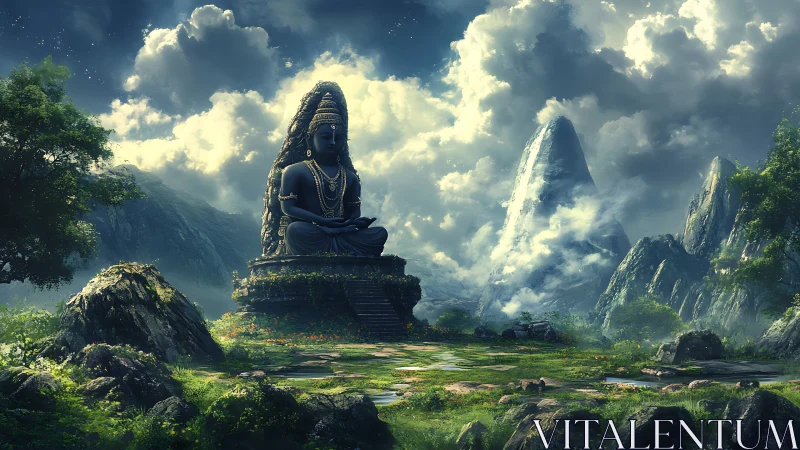 Mountain oracle statue dreaming beneath storm-bright clouds.