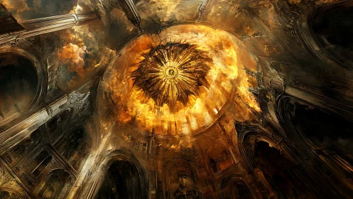 Baroque cathedral dome imploding into radiant apocalyptic fire