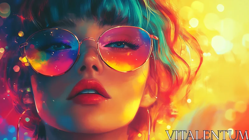Chromatic portrait of woman in neon bokeh sunglasses glow.