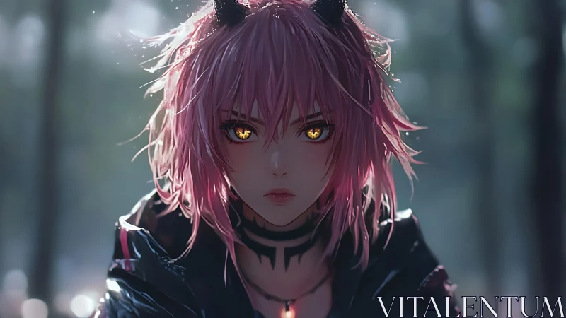 Demon-eyed punk girl stares through misty forest dusk.