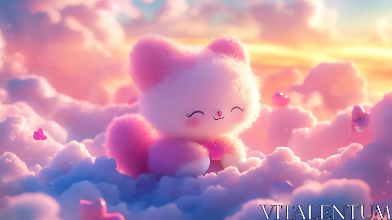 Pastel plush kitten seated in luminous cloudscape at sunrise