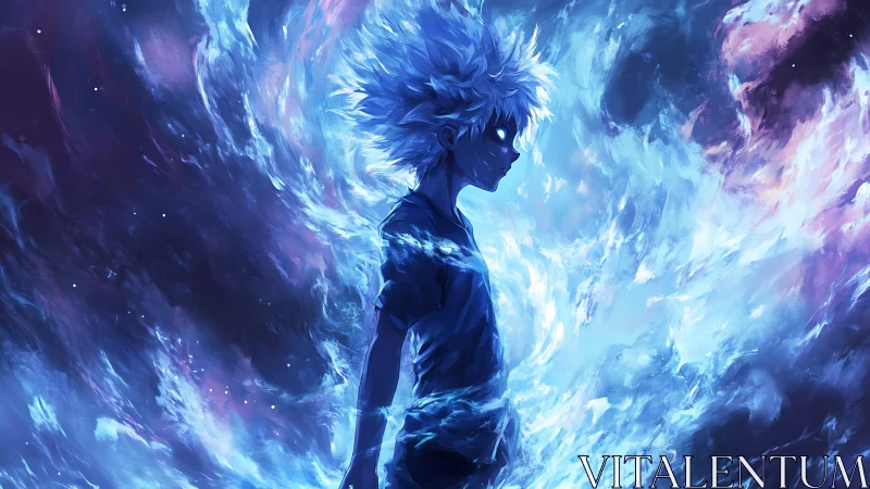 Side-lit anime youth engulfed in dynamic blue plasma vortex field