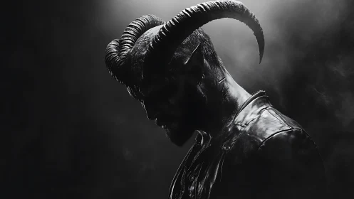 Side profile of horned humanoid figure in low key lighting