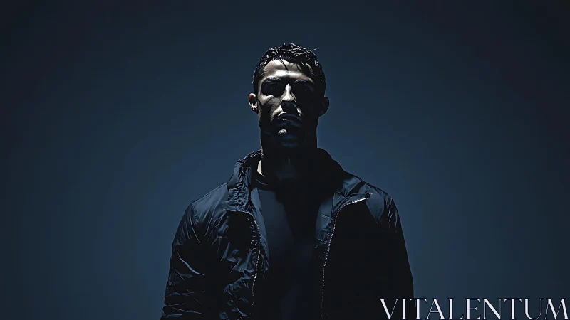 Moody athletic portrait framed in dramatic midnight light.