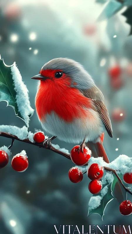 Winter robin perched on snow-dusted holly branch artwork.