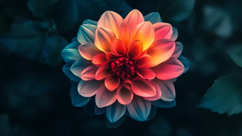 Bioluminescent dahlia glows against deep teal foliage