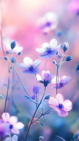 Delicate blooms with blue and white petals against soft pink background.