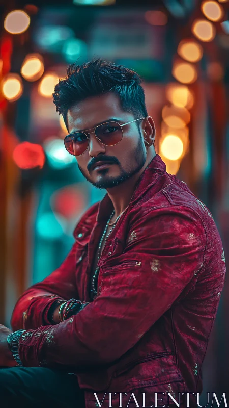 City lights frame a confident man in a bold red jacket