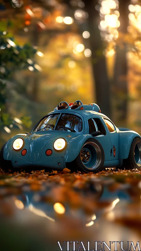 Stylized blue cartoon microcar in shallow-depth autumn forest