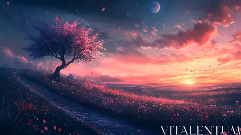 Lone cherry tree on cobblestone path under vivid binary sky