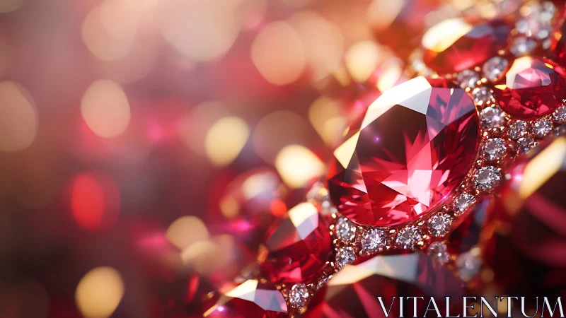 Macro closeup of faceted ruby gemstones in diamond halo setting