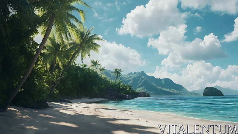 Tropical Shoreline with Verdant Palms and Azure Waters.