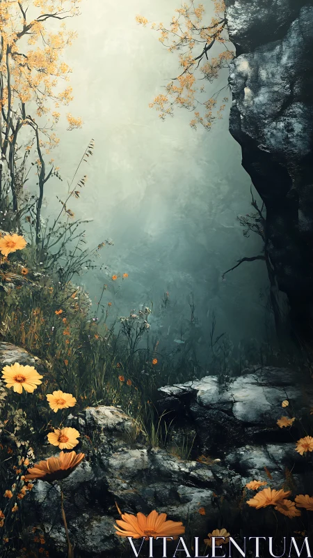 Golden wildflowers glow softly beside a misty cliff path