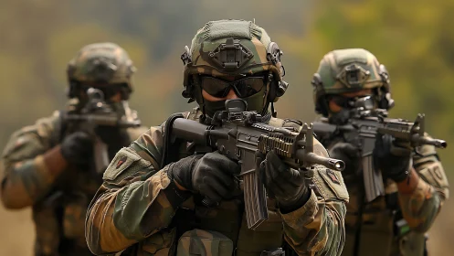 Focused soldiers move forward in careful tactical formation