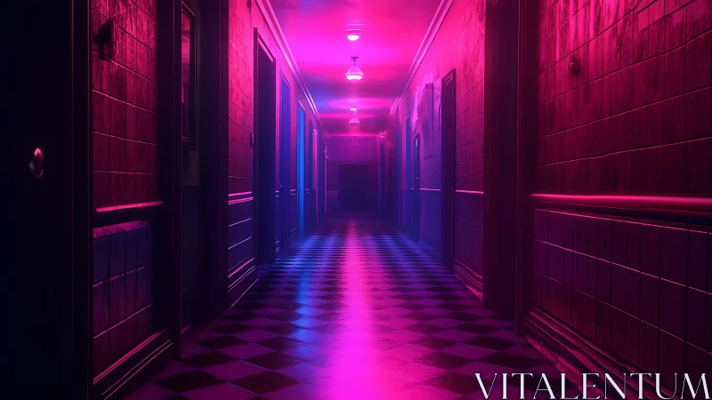 Neon hallway glows with dreamy pink and blue reflections