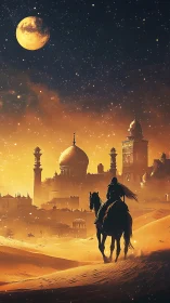 Lone rider approaches a golden desert city under starlit moon.