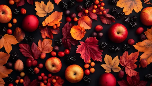Autumn apples and berries arranged with vivid maple leaves