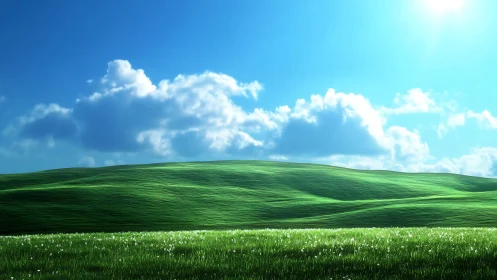 Green rolling meadow under bright blue sky and clouds.