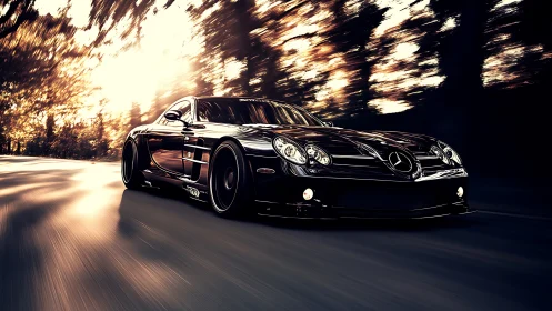 Black sports coupe moves along forest road at high speed