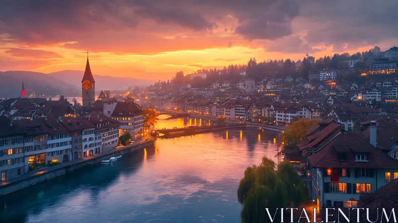 Sunset spell over riverside roofs and glowing old town lights.