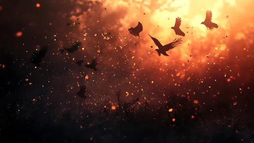 Crows slice emberlit dusk sky in fiery silhouetted flight.