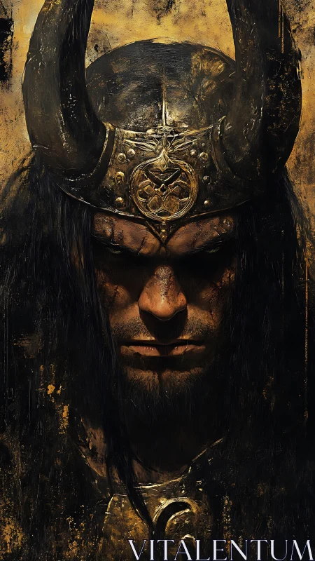 Horned warrior portrait in dark, textured armor art.