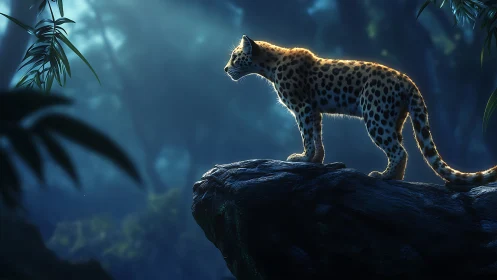Golden Leopard Poised on Dark Stone.