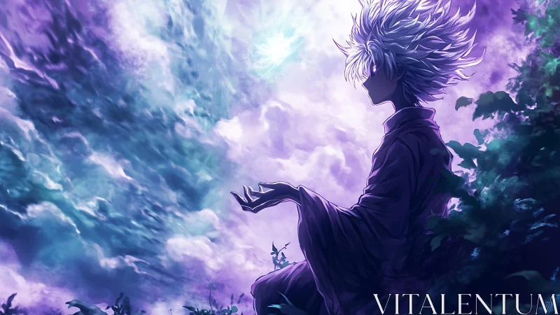 Mystical anime figure under swirling violet sky. Period.