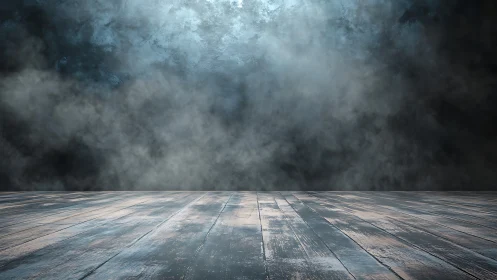 Weathered wood floor under moody smoke filled backdrop.