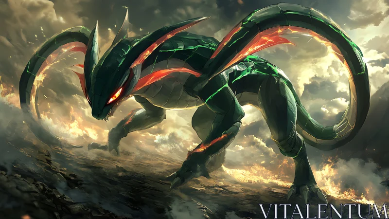 Emerald draconic titan storms volcanic wasteland at dusk.