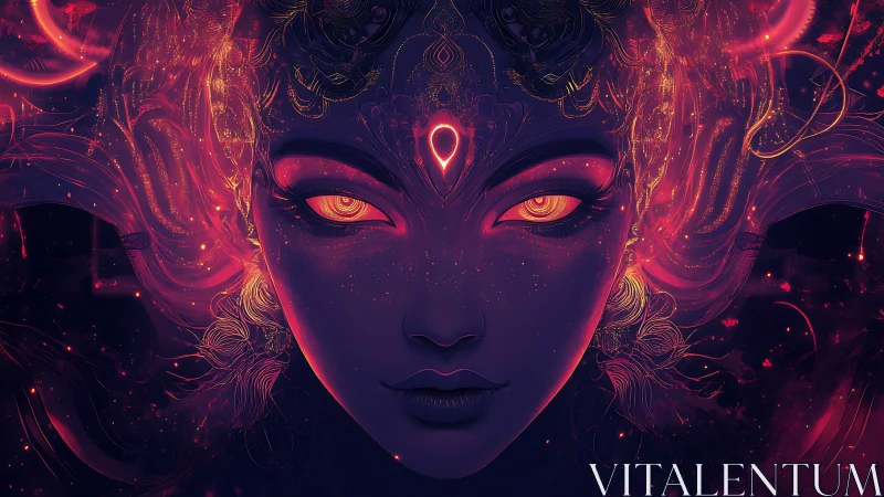 Celestial neon goddess portrait with luminous third eye.
