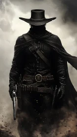 Shadowborn gunslinger strides through stormlit frontier dust.