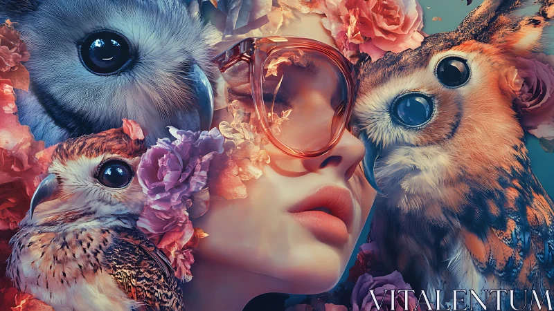 Surreal portrait merges woman, owls, and blossoms in vivid layers
