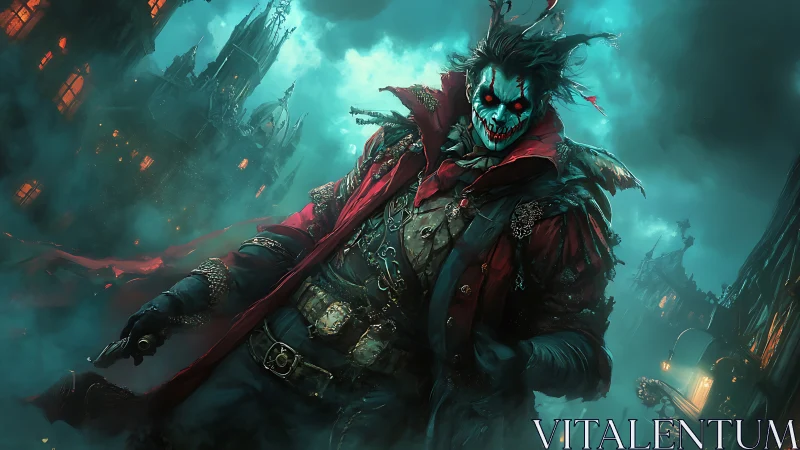 Laughing plague jester stalks a fog-drowned gothic city.