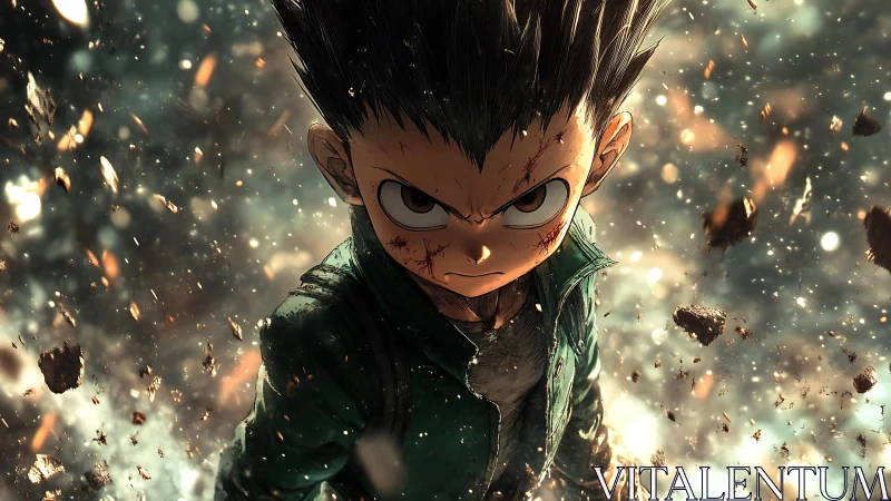 Storm-eyed young warrior strides through shattering debris