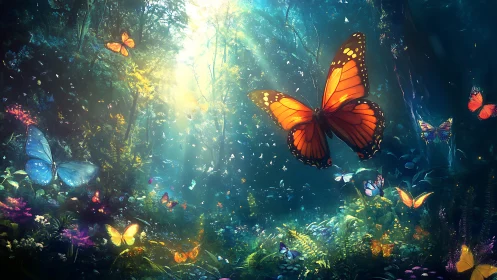 Sunlit monarchs drift through a dream-bright forest sanctuary