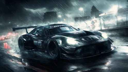 Rain-soaked GT race car powers through neon-lit night circuit