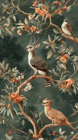 Ornate antlered bird trio perched in flowering foliage.