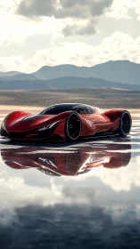 Sleek red concept supercar gliding across mirror still water.