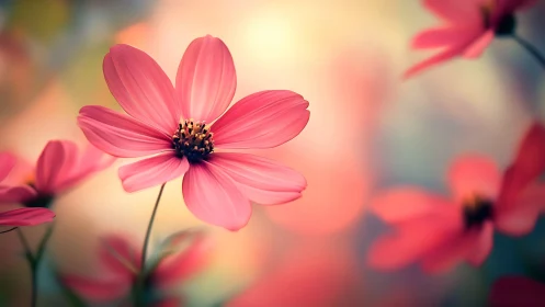 Pink Cosmos Flowers in Soft Focus Garden Setting.
