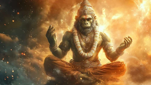 Simian-headed figure sits cross-legged amid luminous clouds