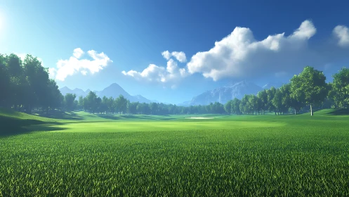 Sunlit golf fairway stretches beneath bright alpine skies