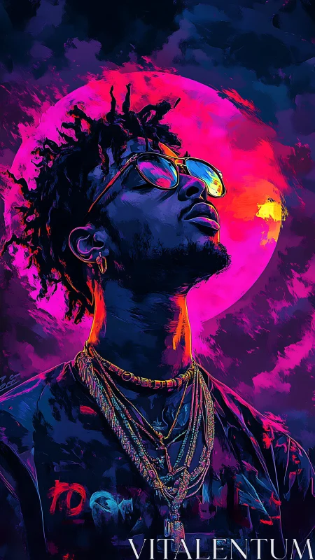 Neon-lit dreamer gazes skyward beneath an electric moon.