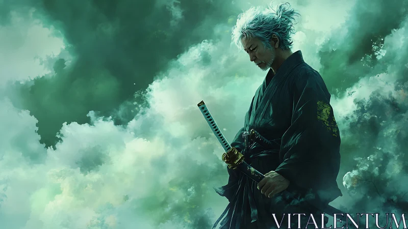 Weathered samurai stands in quiet resolve among soft clouds.