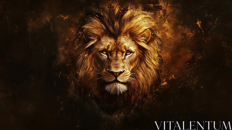 Majestic lion portrait glows against dark abstract fire background