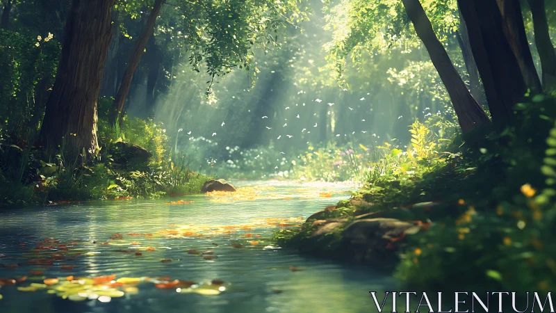 Radiant woodland stream with volumetric light scattering dynamics.