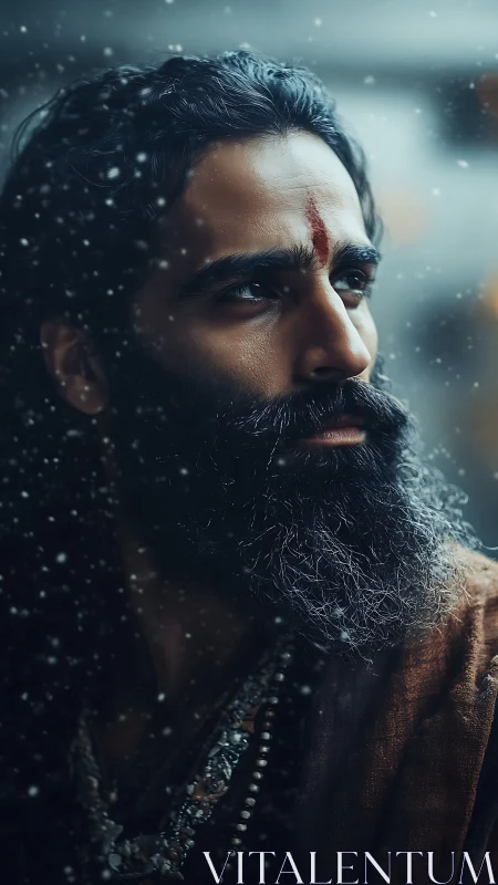 Mystic bearded man in snowfall with cinematic side lighting.