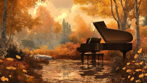 Grand piano levitating over reflective autumn woodland pool.