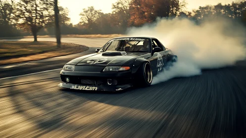 Smoke-chasing drift coupe carves a blazing arc through dusk