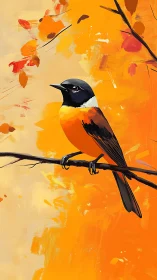Autumn bird perched on branch amid golden foliage.
